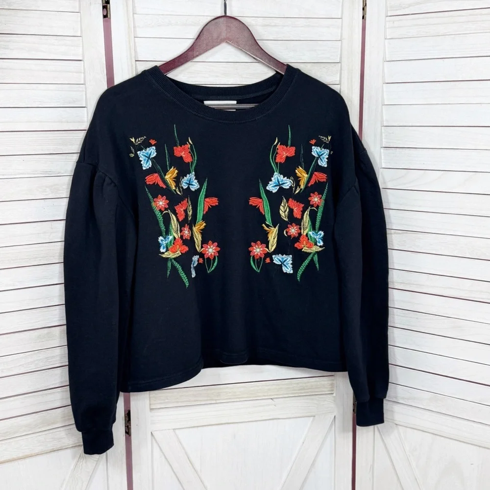 Jack &‎ Rae Embroidered Floral Cropped Sweatshirt Black XS